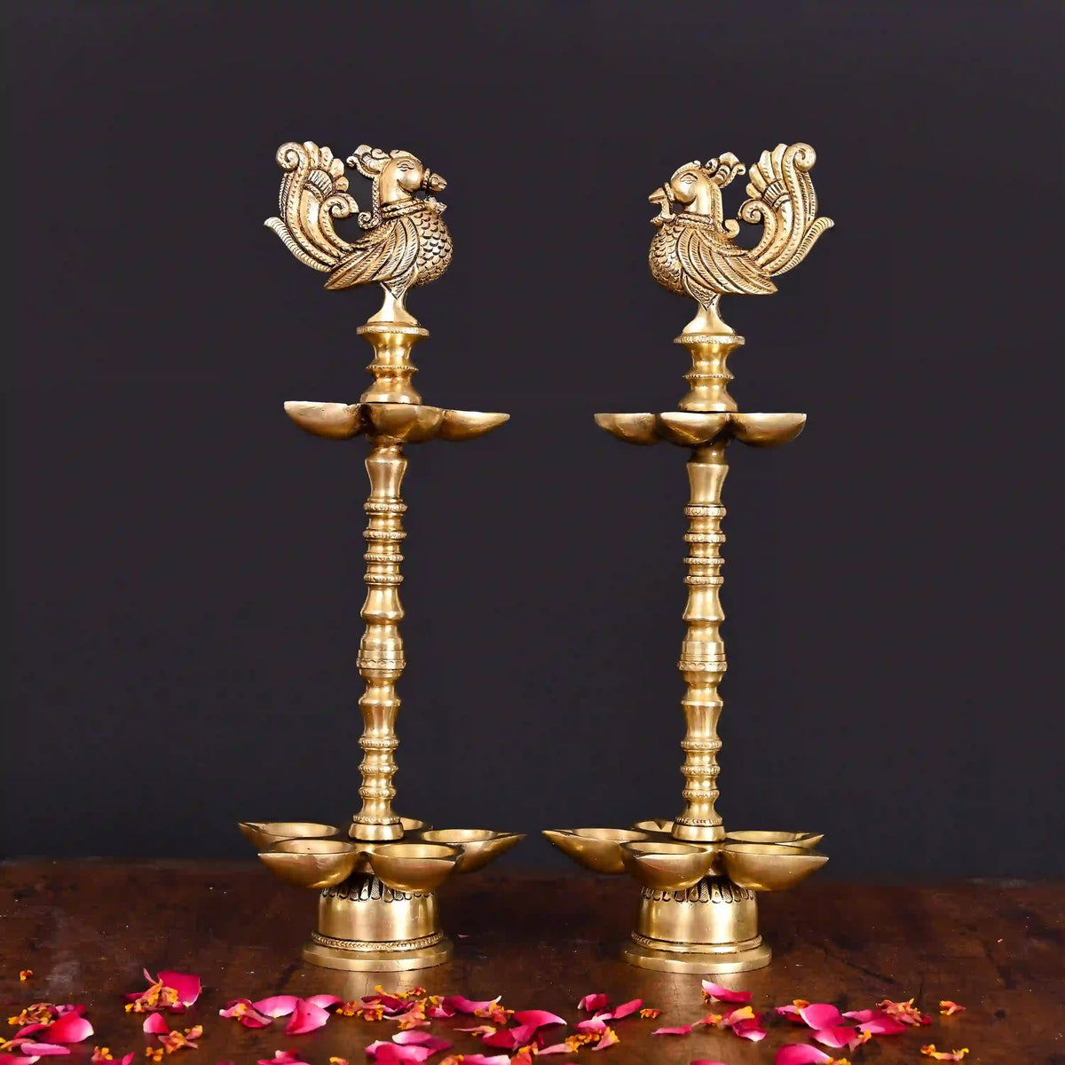 Brass Peacock Ten Petal Diya/Lamp Pair (13 Inch) Vedansh Craft