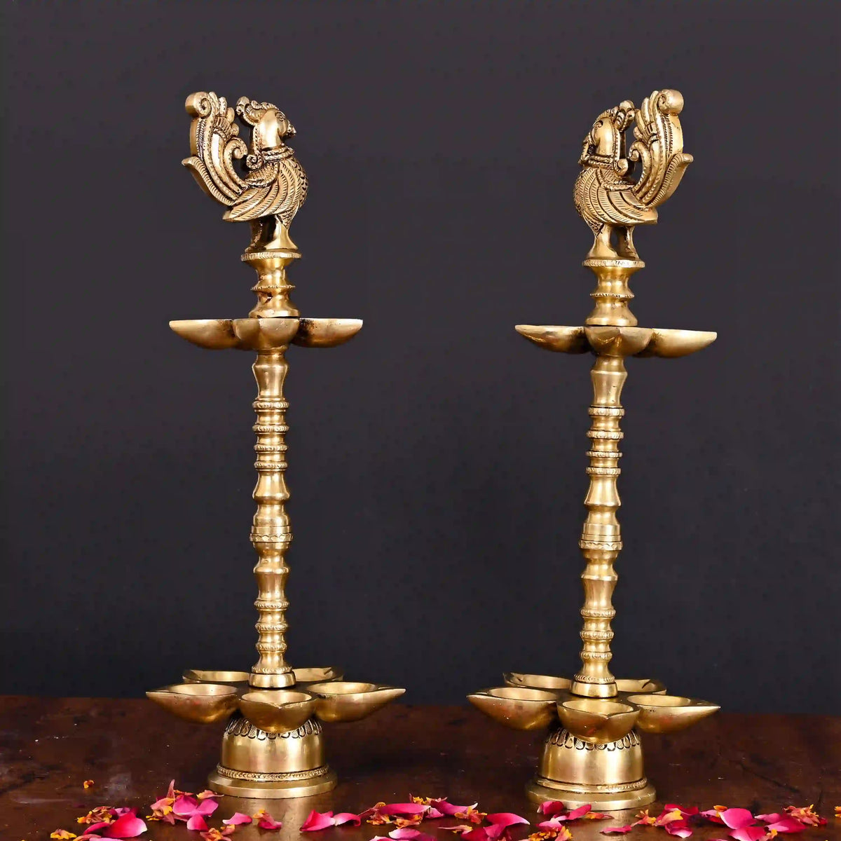 Brass Peacock Ten Petal Diya/Lamp Pair (13 Inch) Vedansh Craft