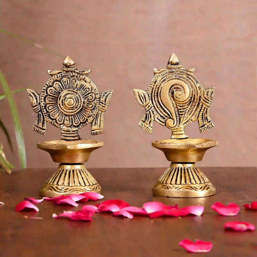 Brass Shankh Chakra Diya Set (4.3 Inch) Vedansh Craft