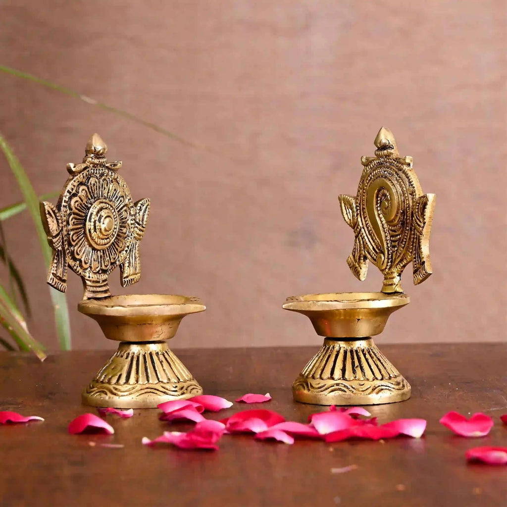 Brass Shankh Chakra Diya Set (4.3 Inch) Vedansh Craft