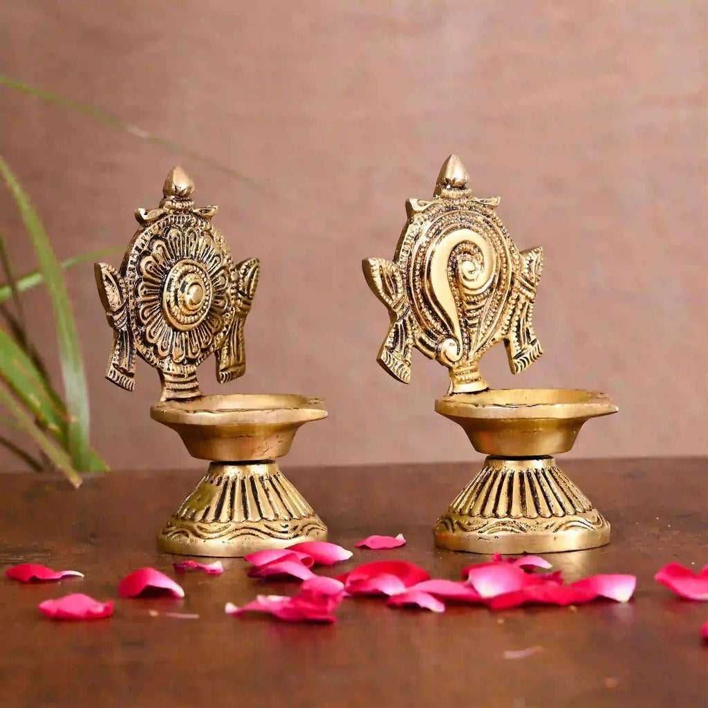 Brass Shankh Chakra Diya Set (4.3 Inch) Vedansh Craft