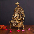 Brass Superfine Sitting Ganesha On Singhasan Idol (9.2 Inch) Vedansh Craft