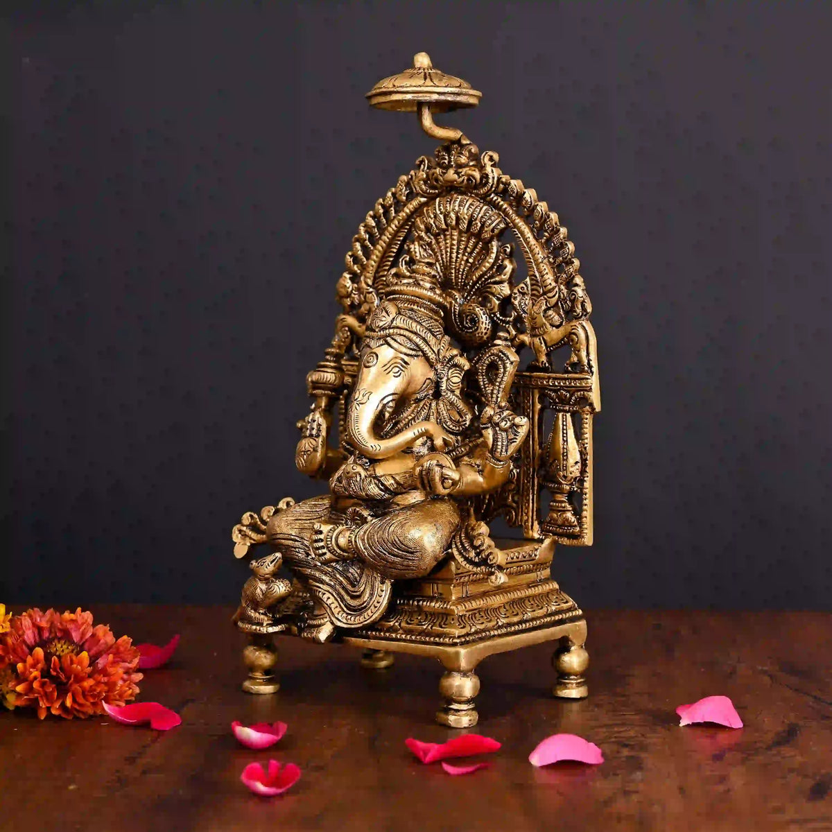 Brass Superfine Sitting Ganesha On Singhasan Idol (9.2 Inch) Vedansh Craft