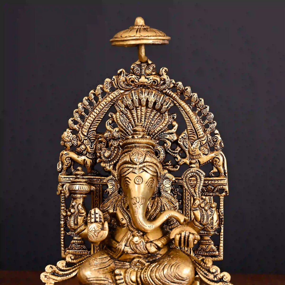 Brass Superfine Sitting Ganesha On Singhasan Idol (9.2 Inch) Vedansh Craft