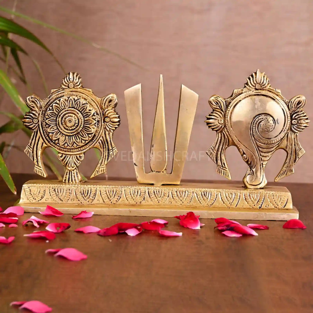 Brass Shankh Chakra Namah Religious Showpiece (4 Inch) Vedansh Craft