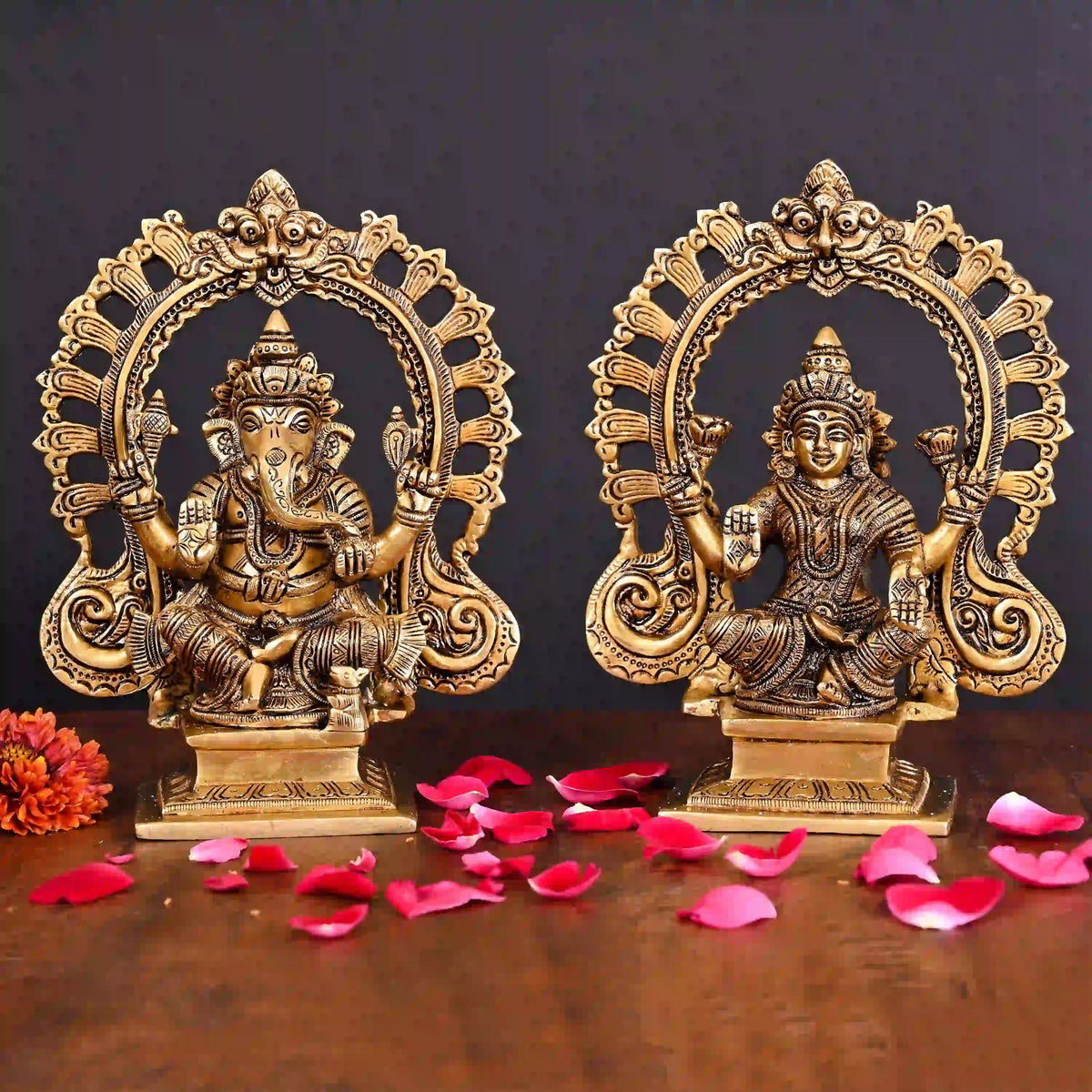 Brass Superfine Sitting Ganesha And Lakshmi On Throne Idol (8 Inch) Vedansh Craft