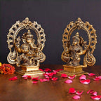 Brass Superfine Sitting Ganesha And Lakshmi On Throne Idol (8 Inch) Vedansh Craft