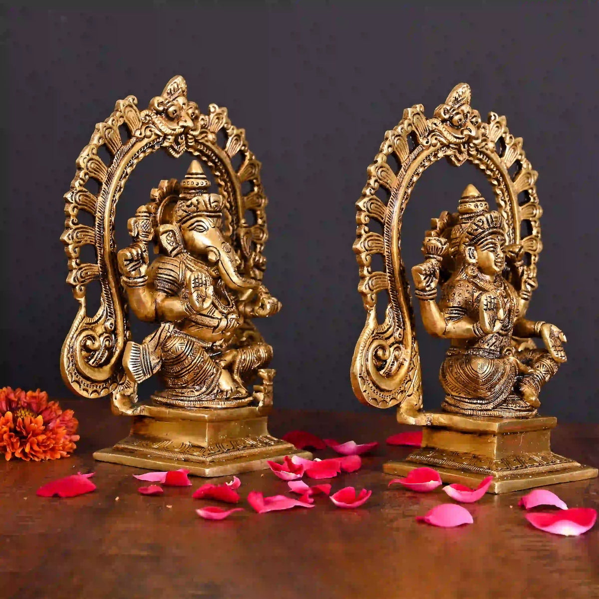 Brass Superfine Sitting Ganesha And Lakshmi On Throne Idol (8 Inch) Vedansh Craft