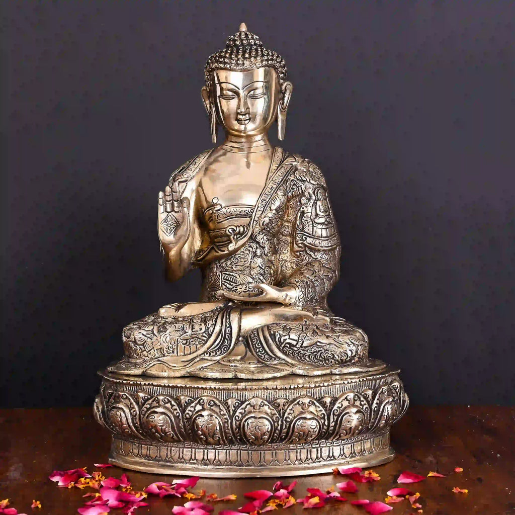 Brass Handcarved Blessing Buddha Home Decor (14.5 Inch) Vedansh Craft