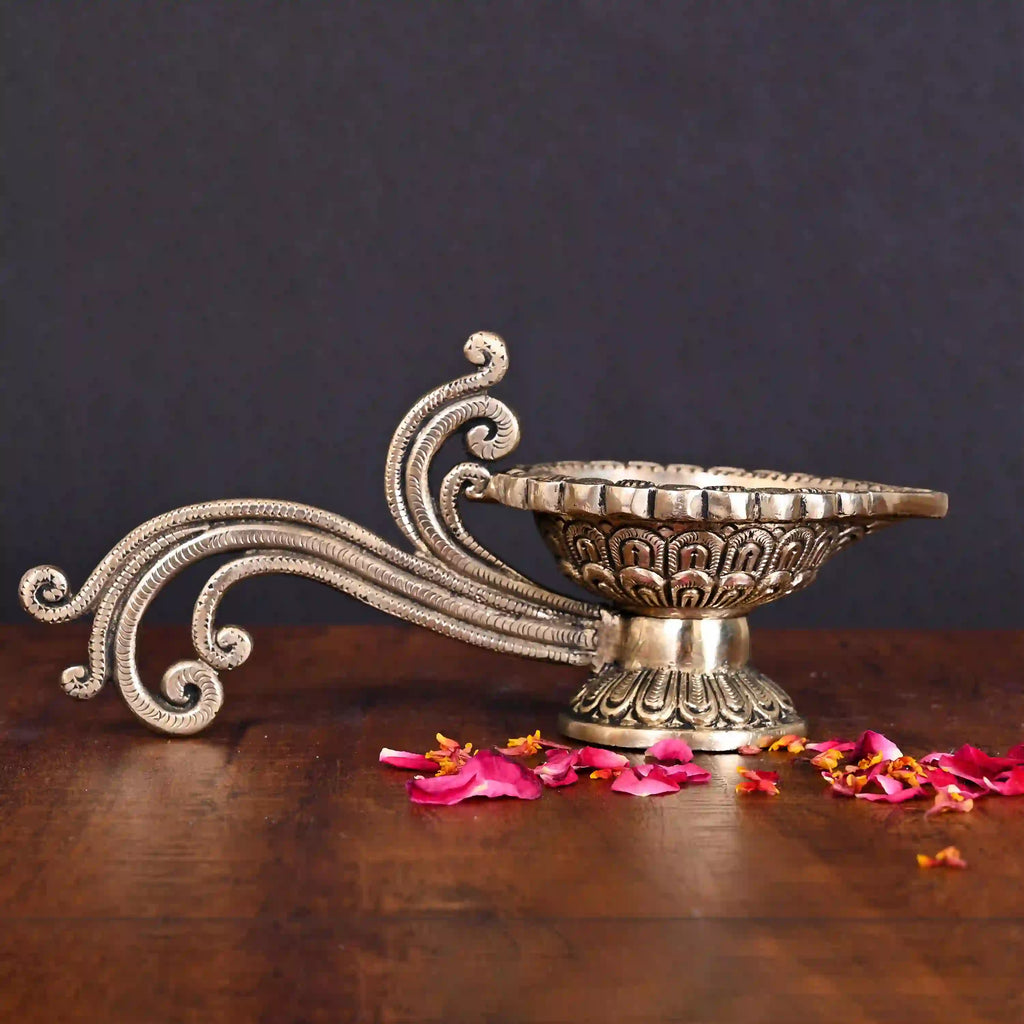 Brass Ethnic Hand carved Diya With Handle (4 Inch) Vedansh Craft