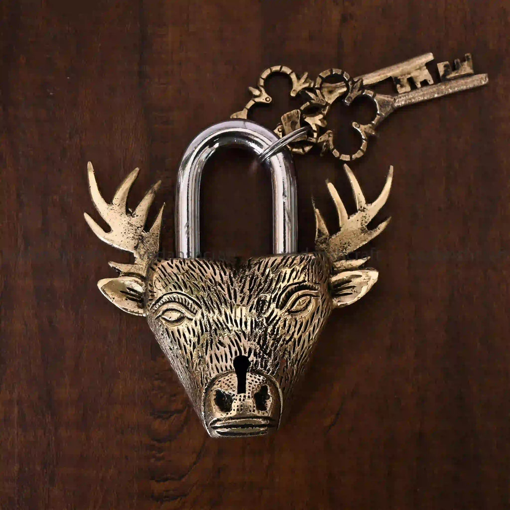 Brass Deer Face Door Lock With Two Keys (4.5 Inch) Vedansh Craft