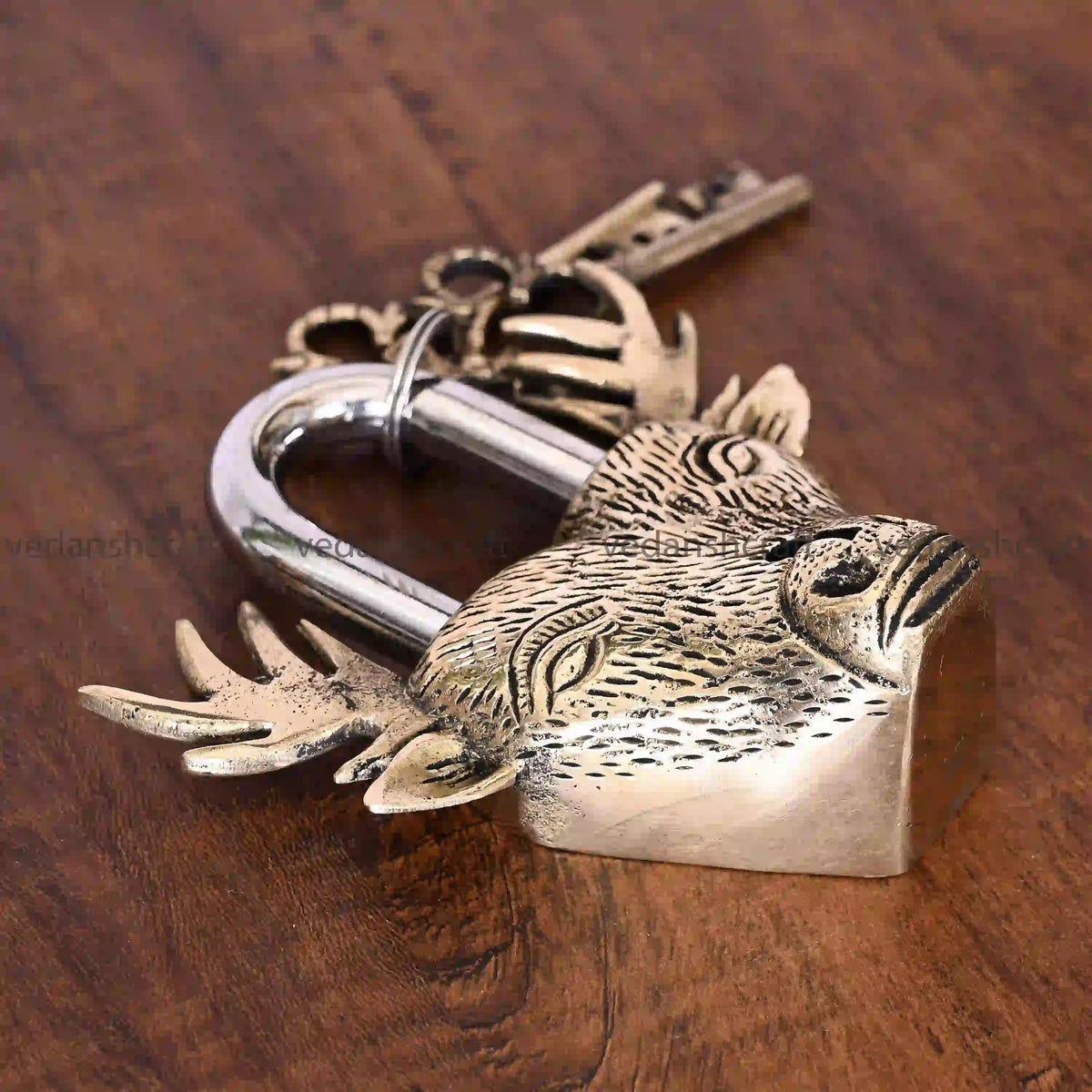 Brass Deer Face Door Lock With Two Keys (4.5 Inch) Vedansh Craft
