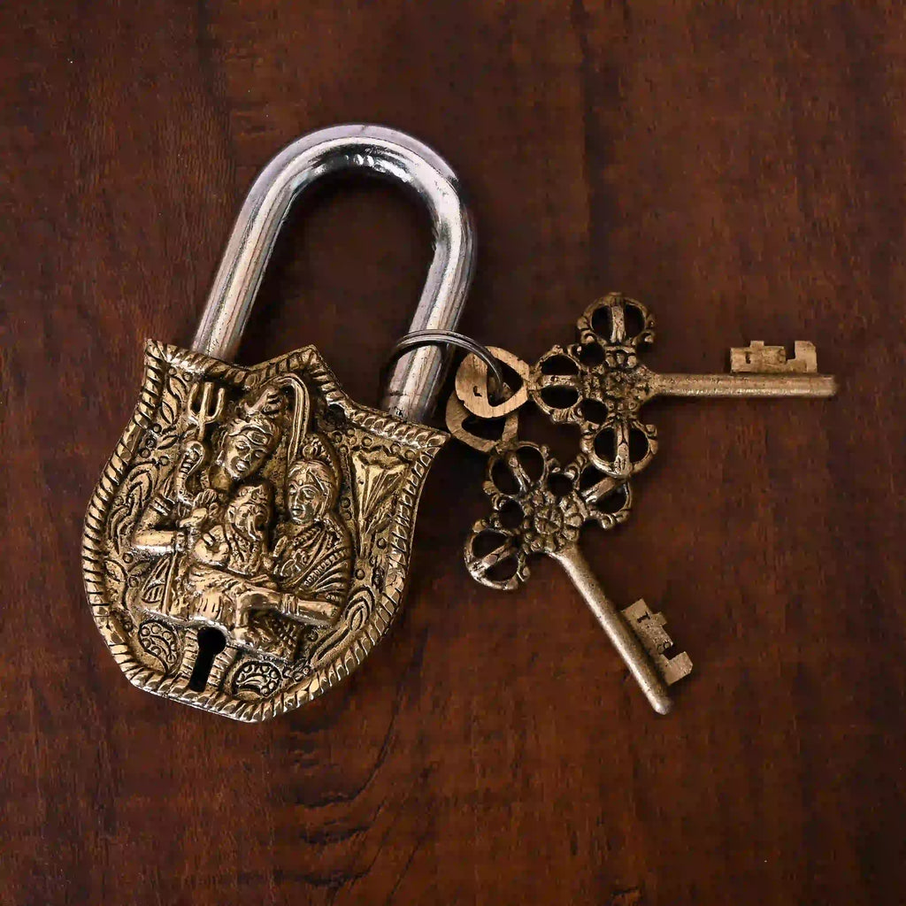 Brass Shiva Family Door Lock With Three Keys (4.5 Inch) Vedansh Craft