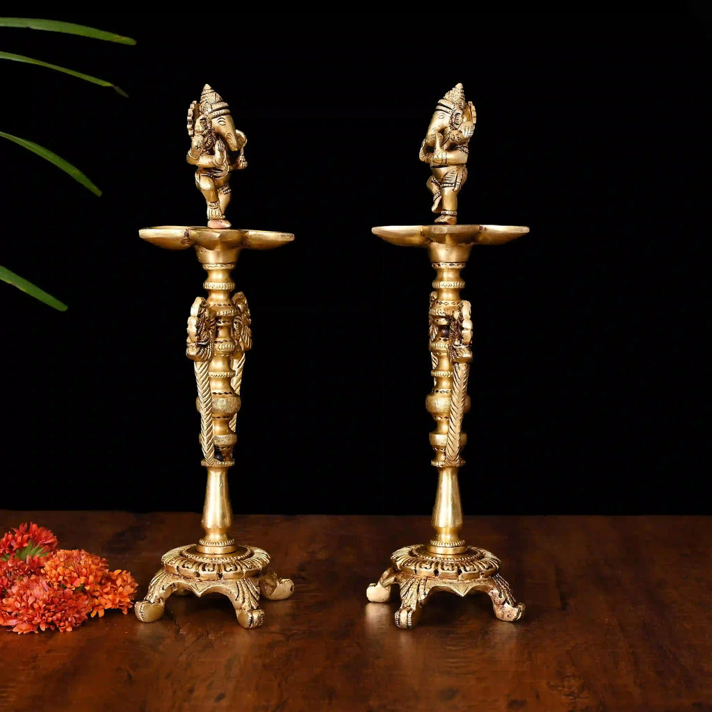 Brass Dancing Ganesha Five Petal Lamp Pair (12 Inch) Vedansh Craft