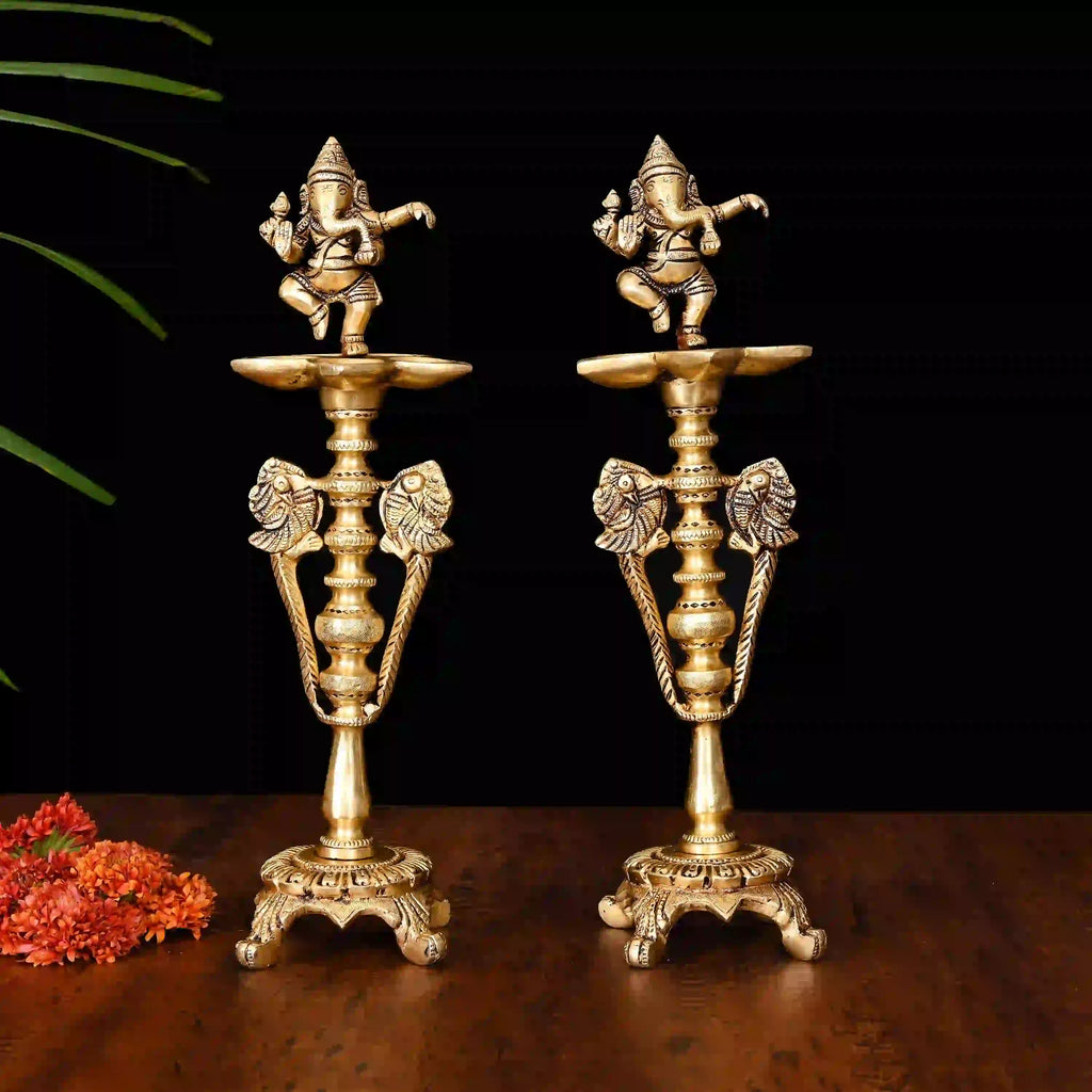 Brass Dancing Ganesha Five Petal Lamp Pair (12 Inch) Vedansh Craft