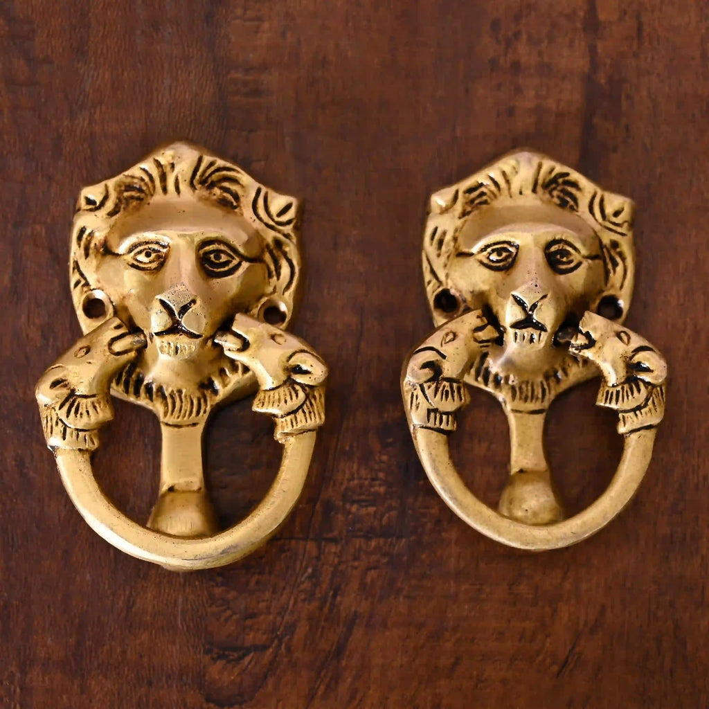 Brass Lion Face Drawer Pulls Pair (2 Inch) Vedansh Craft