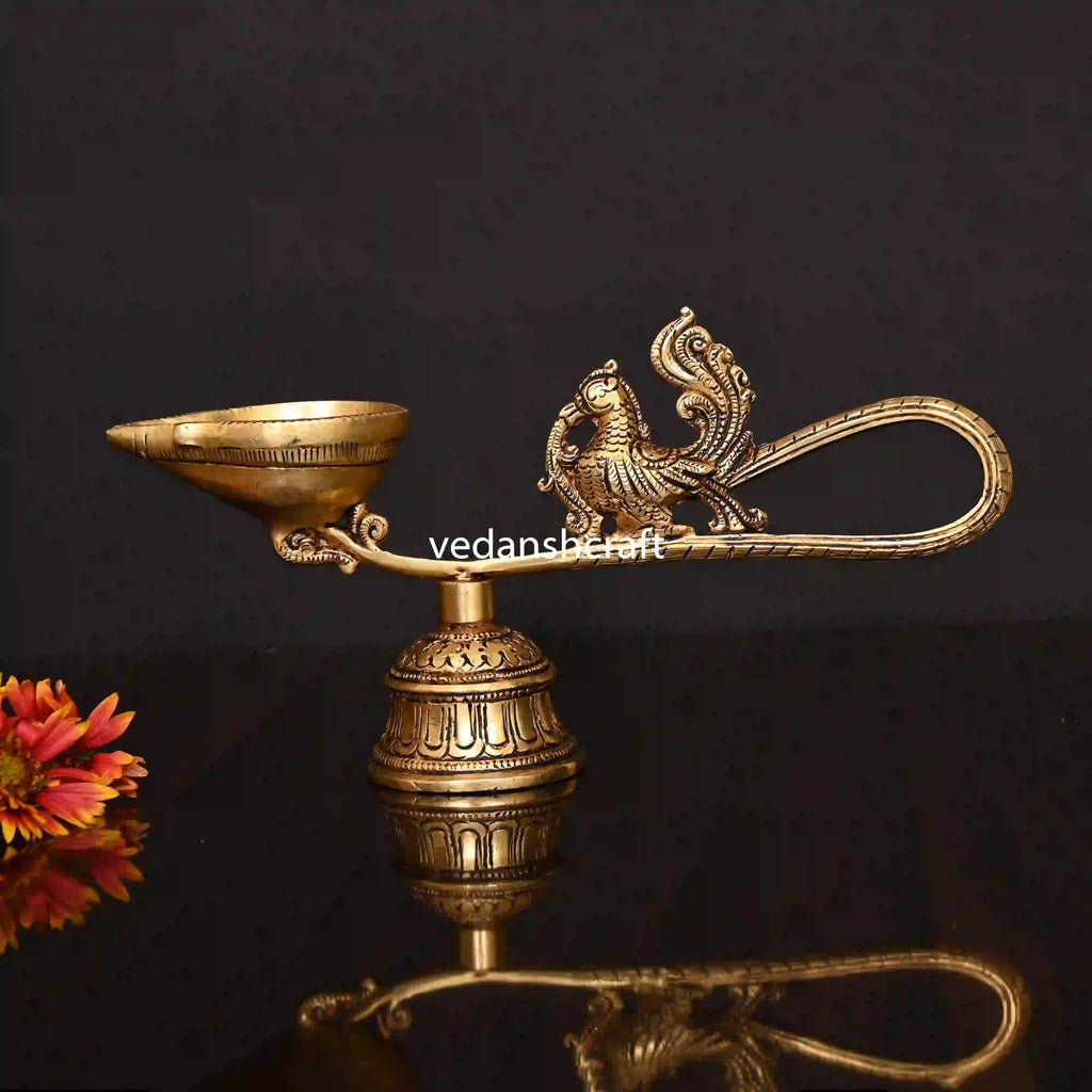 Brass Ethnic Peacock Diya With Bell (4.5 Inch) Vedansh Craft
