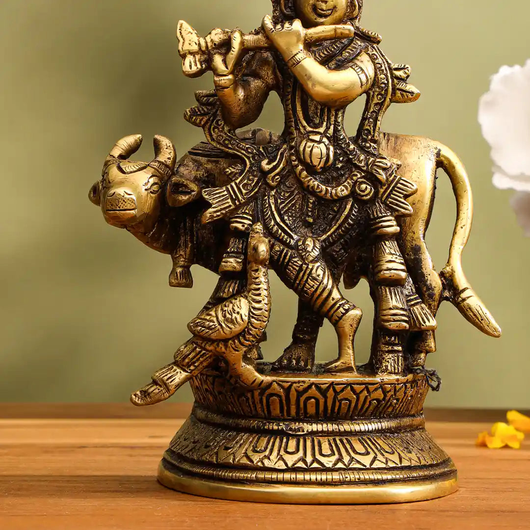 Brass Standing Krishna With Cow Idol (5.5 Inch) Vedansh Craft