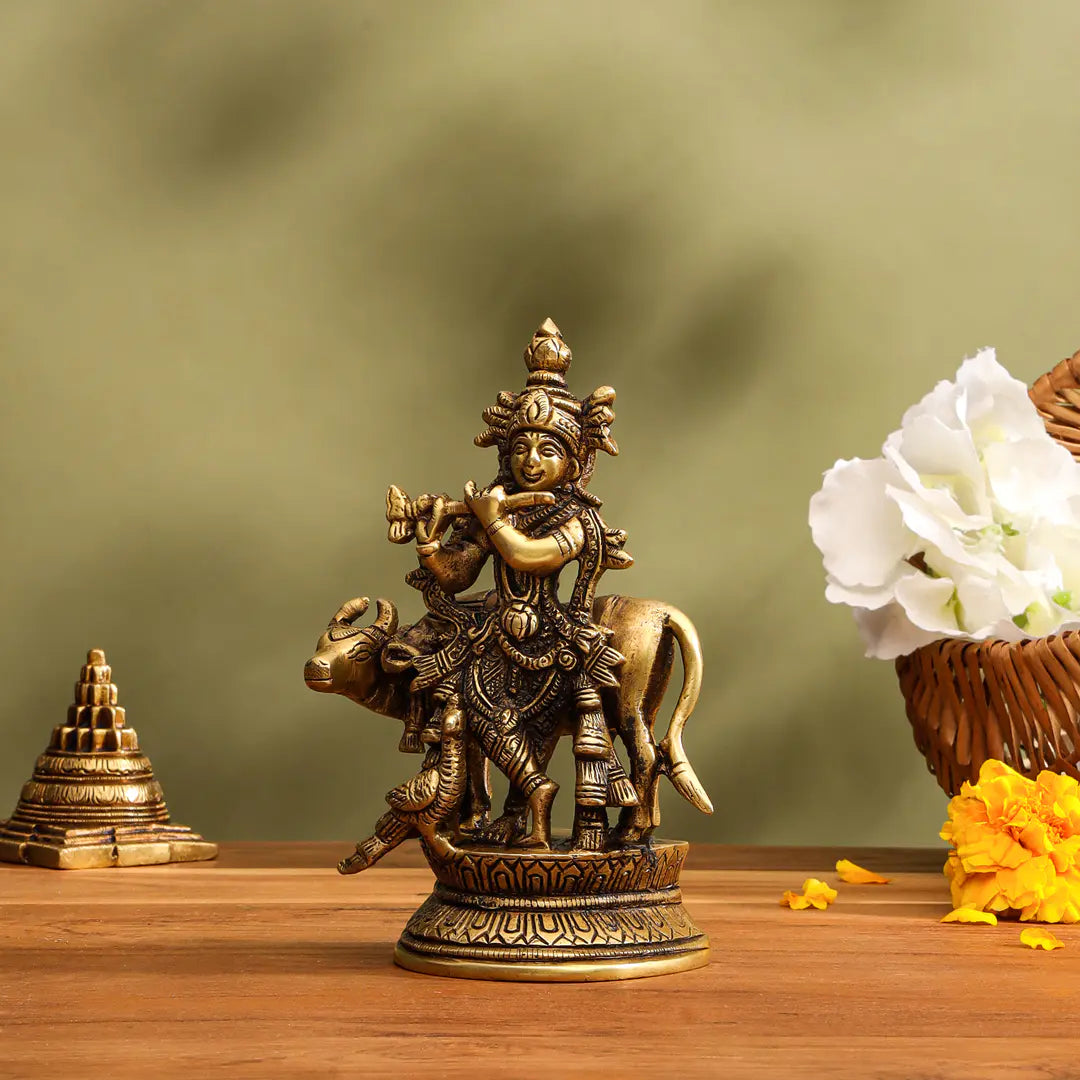 Brass Standing Krishna With Cow Idol (5.5 Inch) Vedansh Craft
