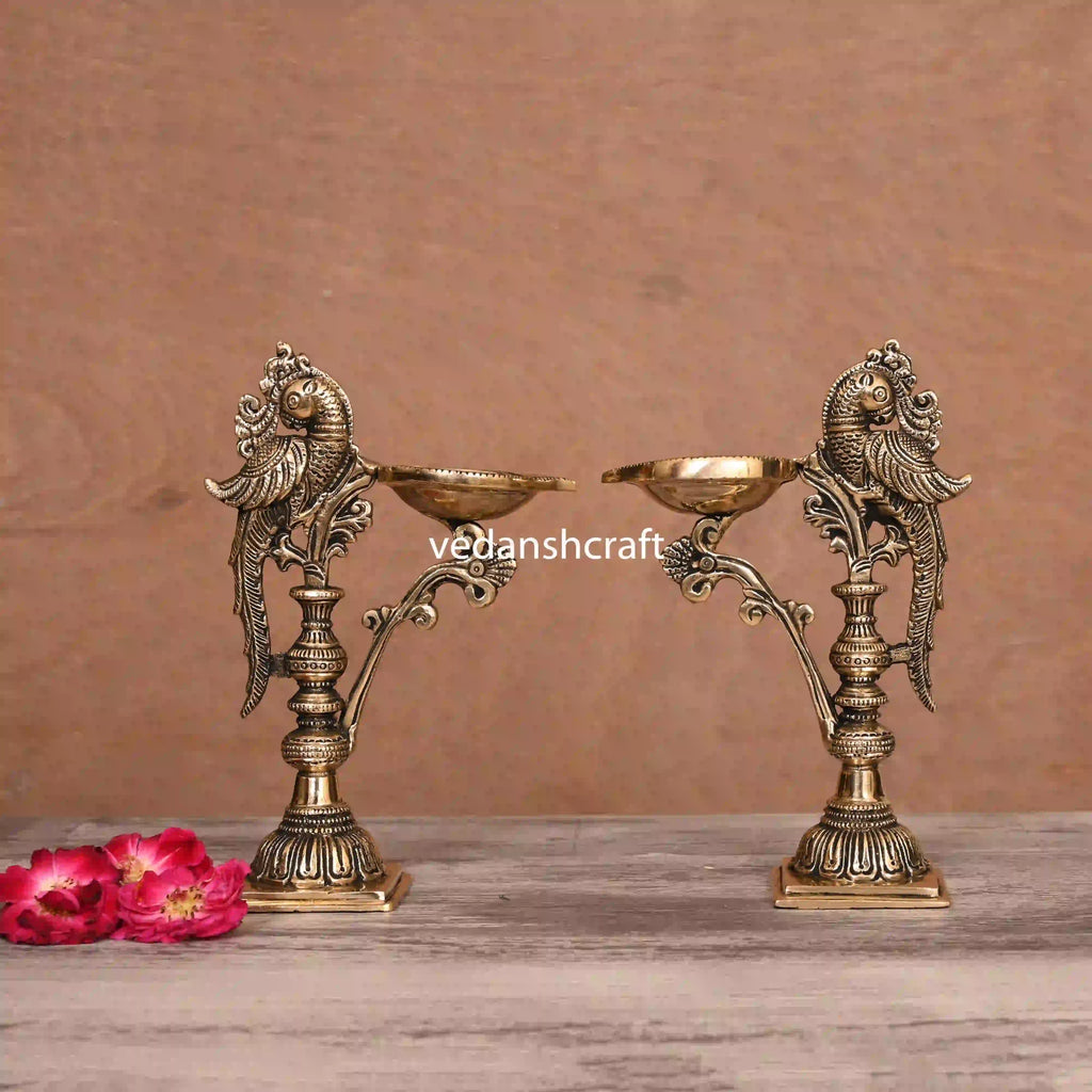 Brass Ethnic Peacock Samai/Lamp Pair (7.5 Inch) Vedansh Craft