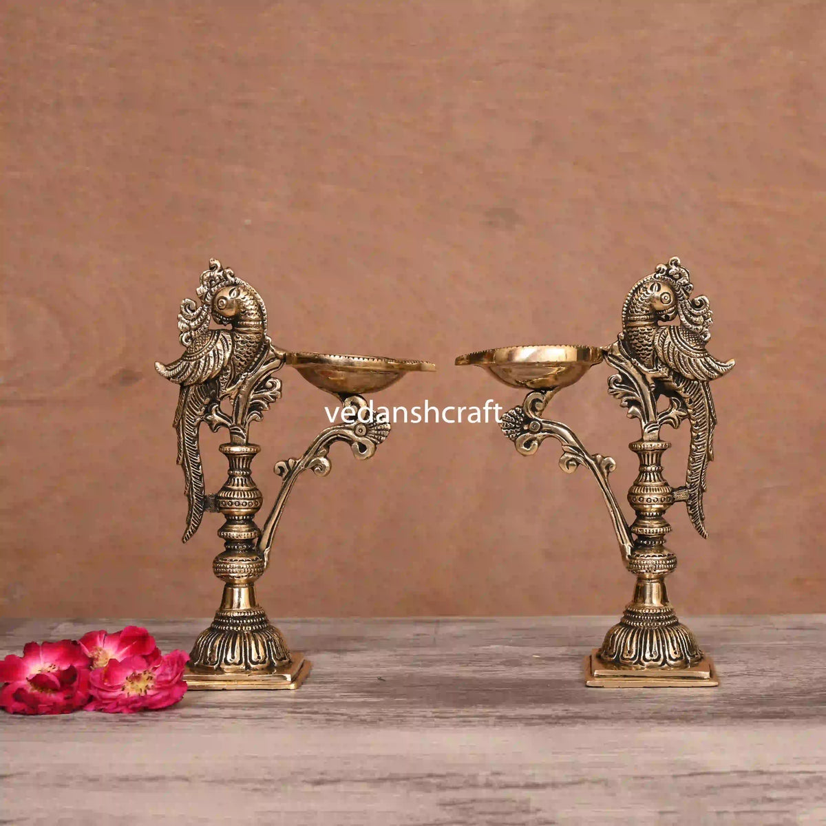 Brass Ethnic Peacock Samai/Lamp Pair (7.5 Inch) Vedansh Craft