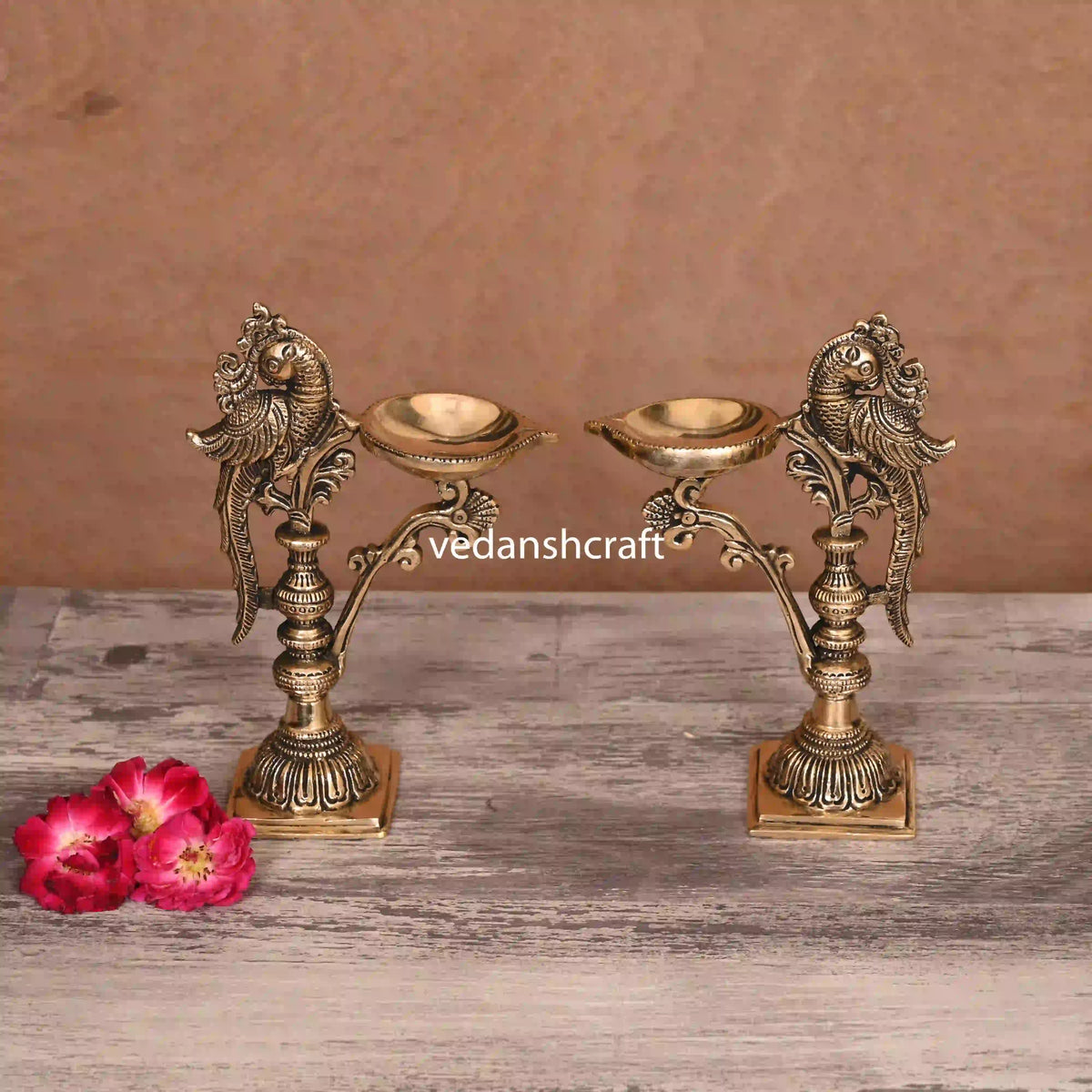Brass Ethnic Peacock Samai/Lamp Pair (7.5 Inch) Vedansh Craft