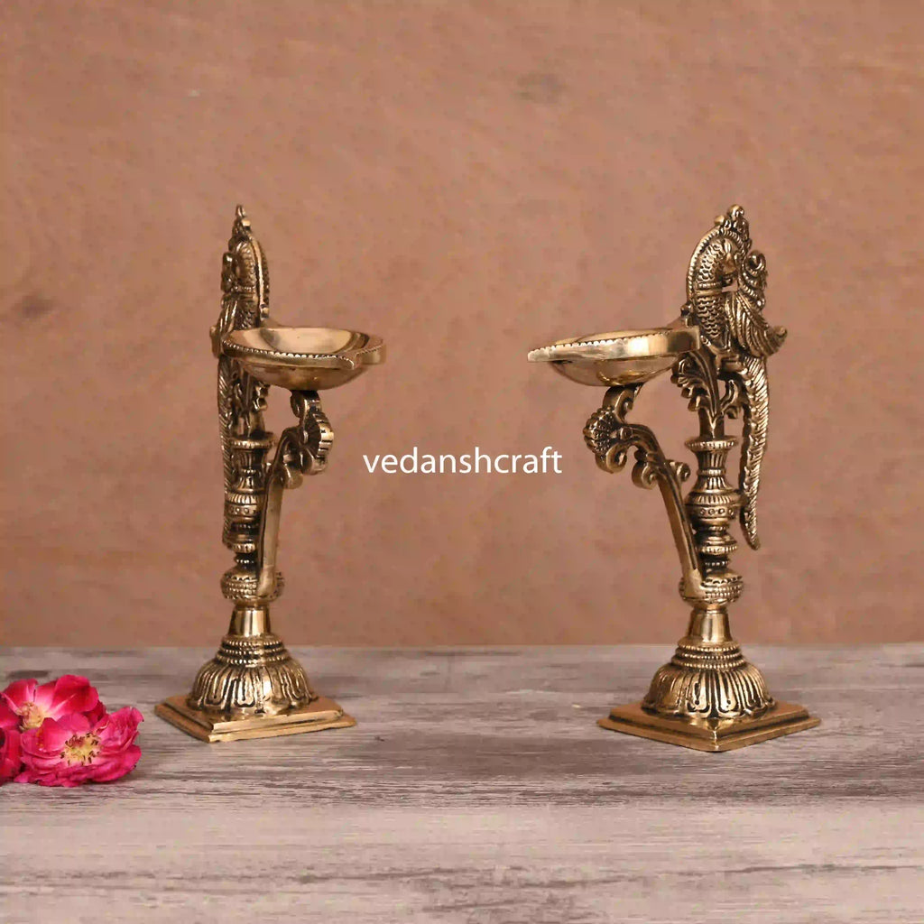 Brass Ethnic Peacock Samai/Lamp Pair (7.5 Inch) Vedansh Craft