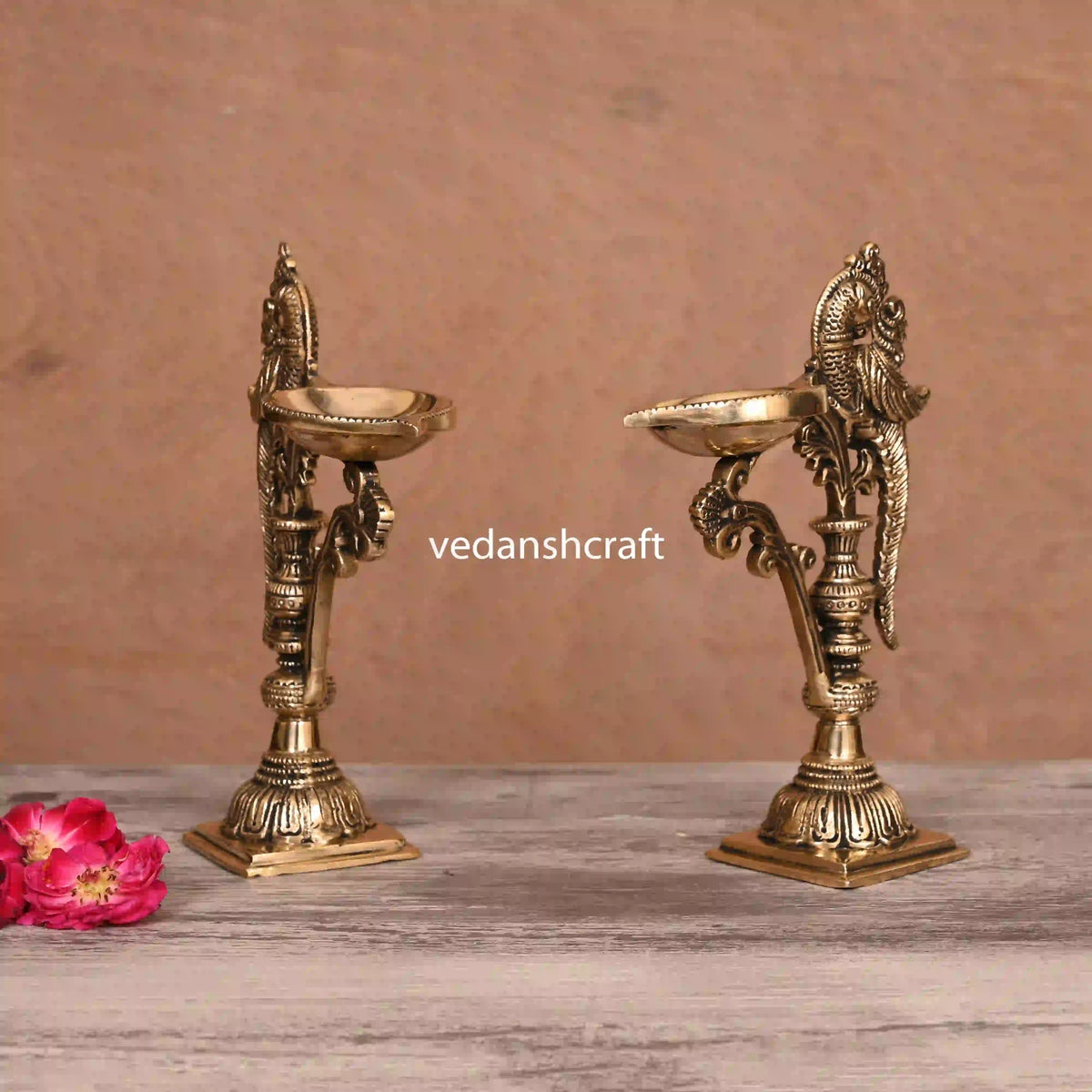 Brass Ethnic Peacock Samai/Lamp Pair (7.5 Inch) Vedansh Craft