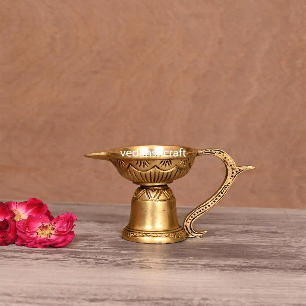 Brass Ethnic Hand carved Diya With Handle (2.5 Inch) Vedansh Craft