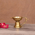 Brass Ethnic Hand carved Diya With Handle (2.5 Inch) Vedansh Craft