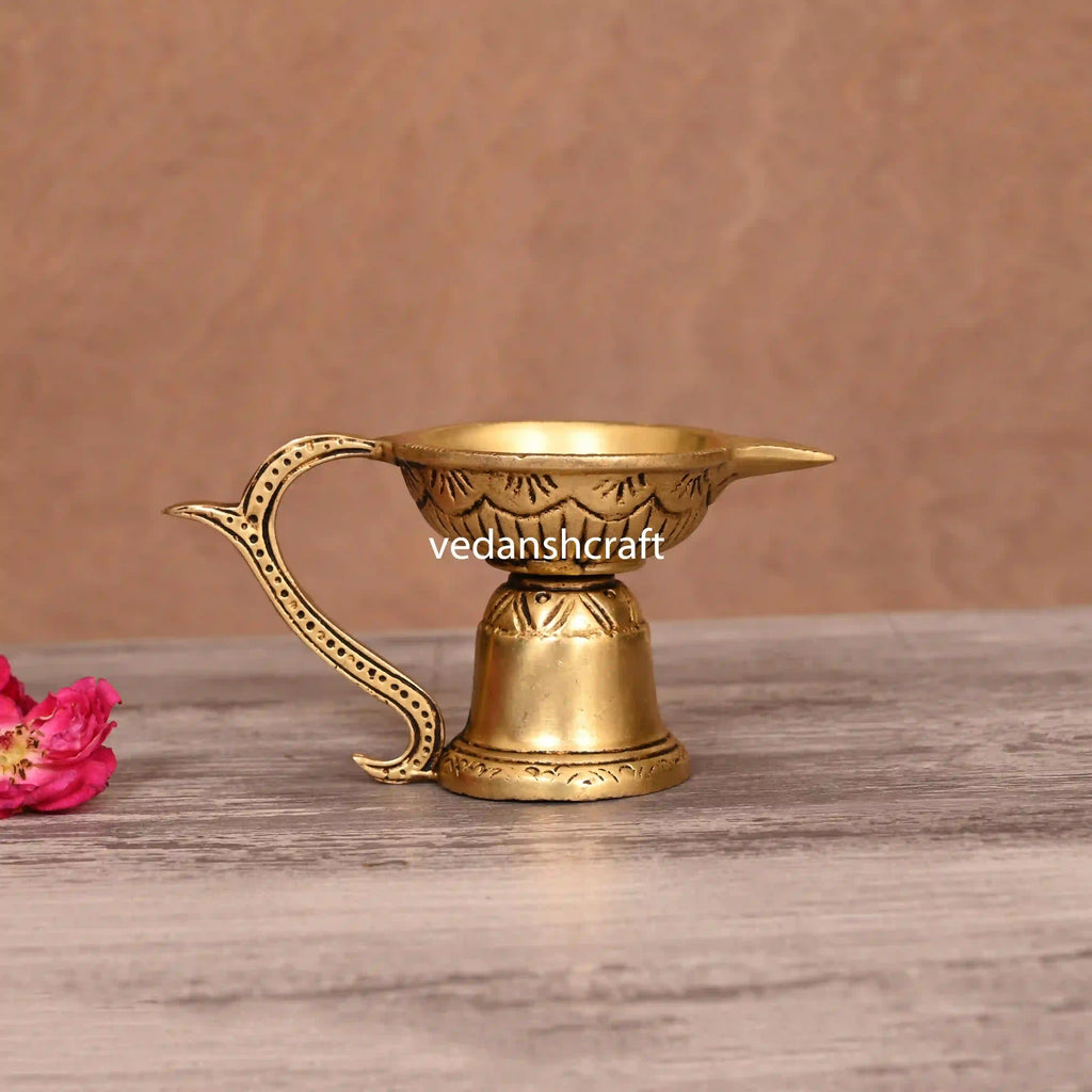 Brass Ethnic Hand carved Diya With Handle (2.5 Inch) Vedansh Craft