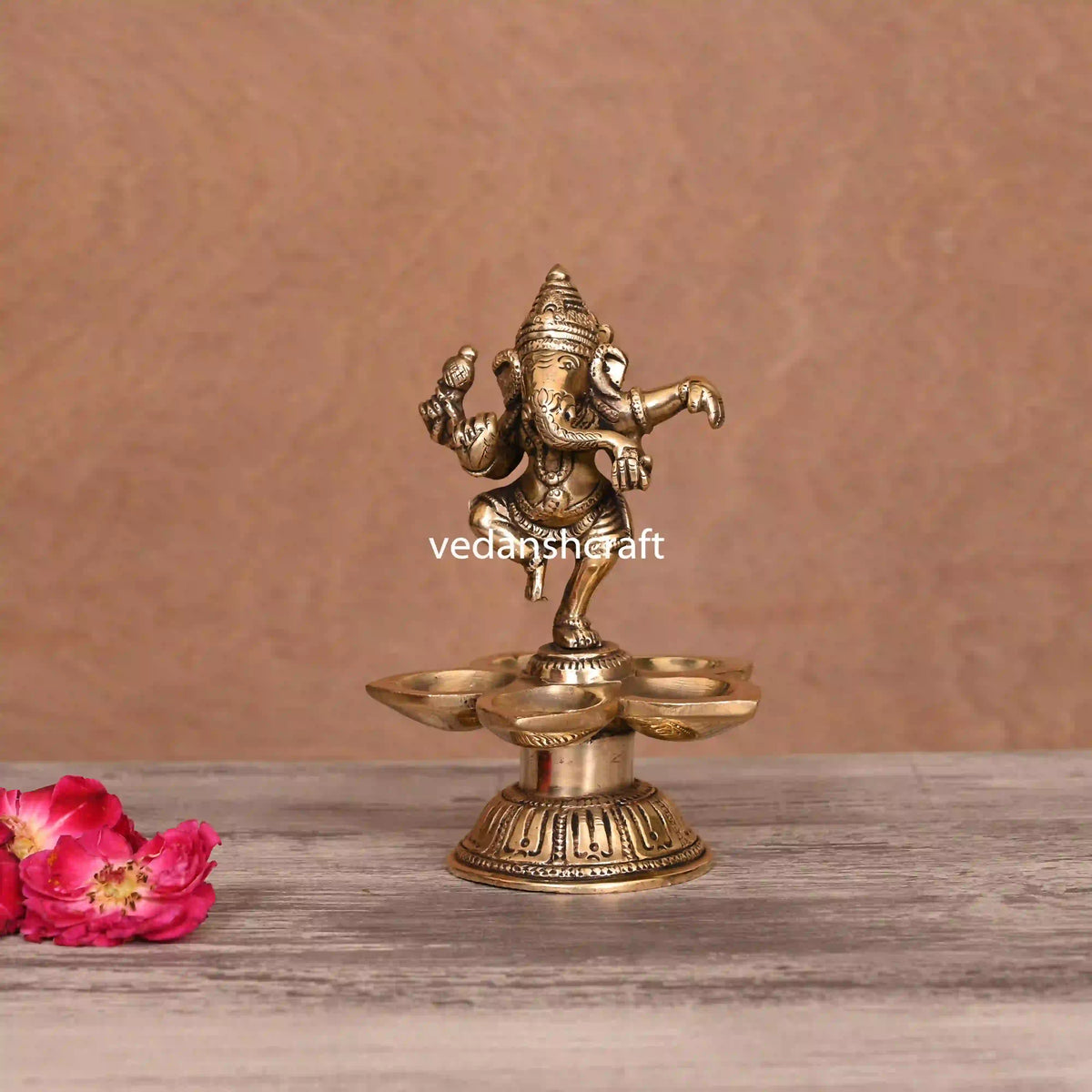 Brass Dancing Ganesha Five Petal Diya (5.5 Inch) Vedansh Craft