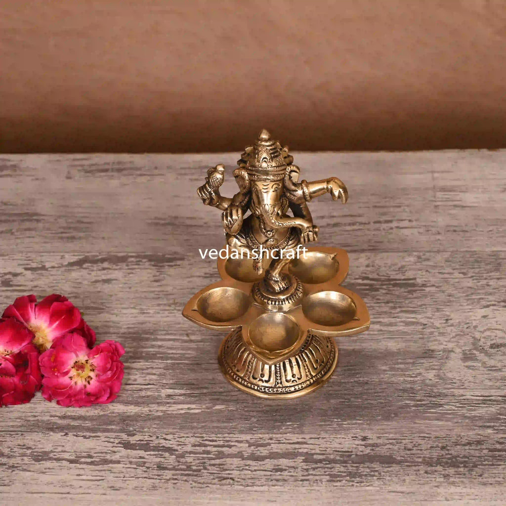 Brass Dancing Ganesha Five Petal Diya (5.5 Inch) Vedansh Craft