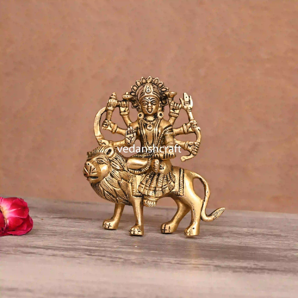 Brass Goddess Durga Sitting On Lion Idol (5"Inch) Vedansh Craft