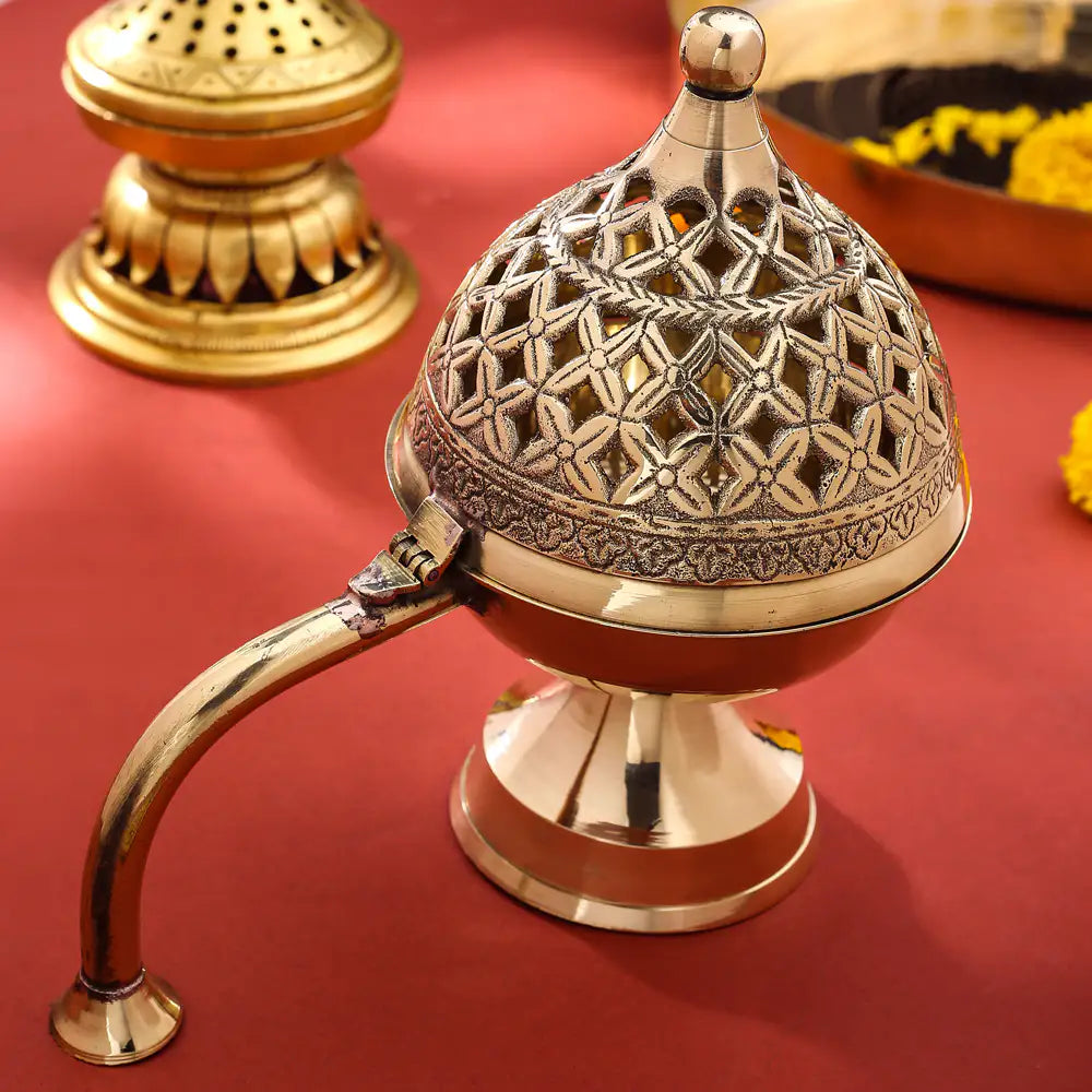 Brass Dhoop Dani & Incense Holder With Handle (7.5 Inch)