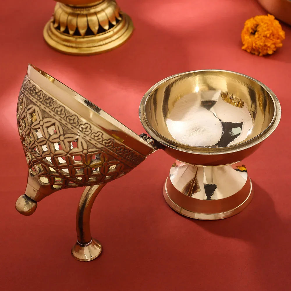 Brass Dhoop Dani & Incense Holder With Handle (7.5 Inch)