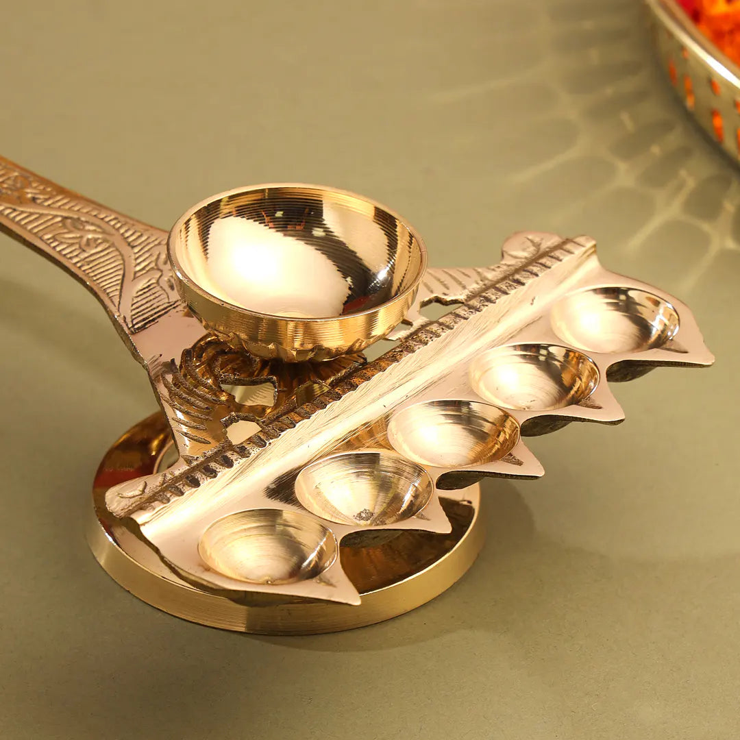 Brass Traditional Panch Aarti With Handle (10.5 Inch) Vedansh Craft