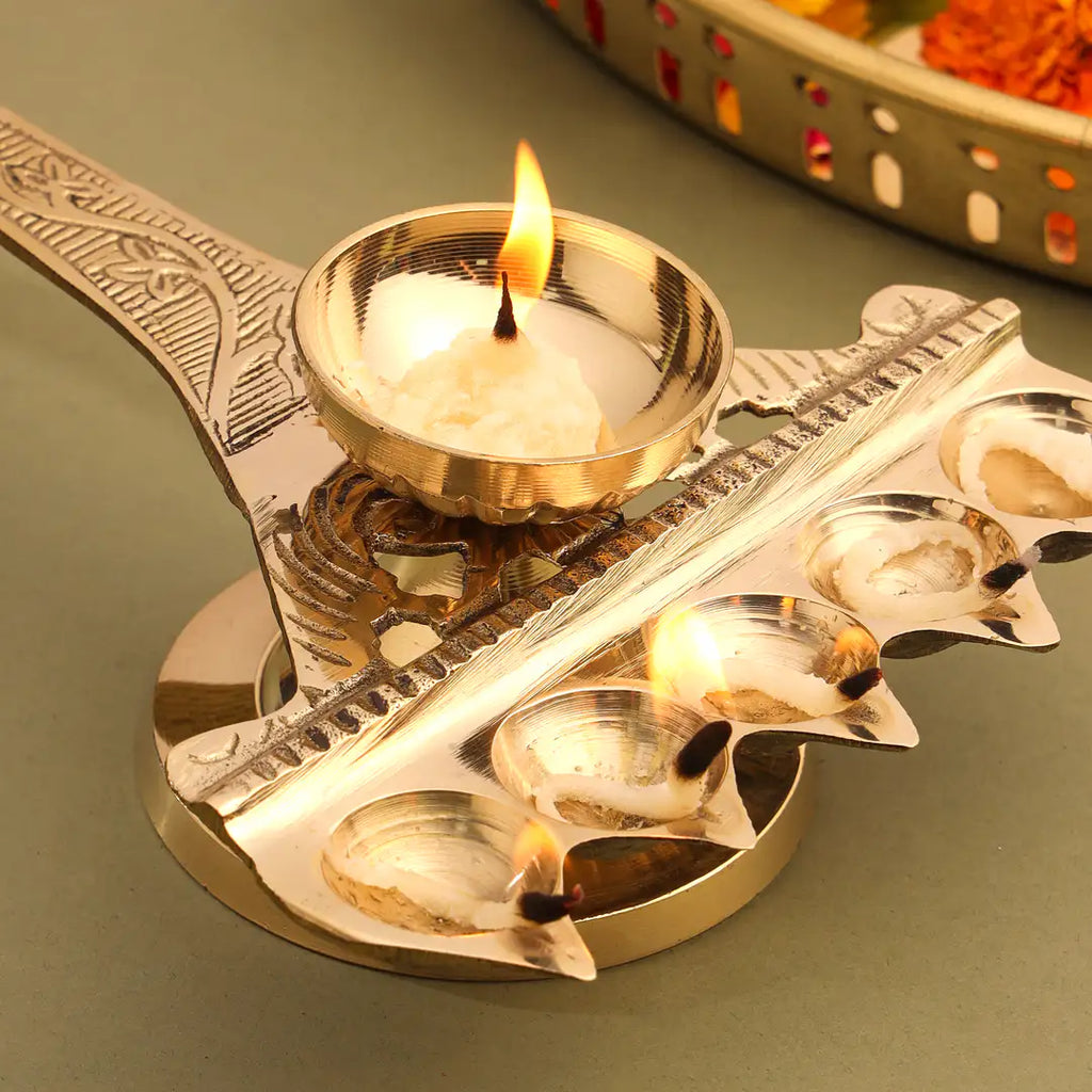 Brass Traditional Panch Aarti With Handle (10.5 Inch) Vedansh Craft
