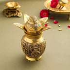 Brass Kalash With Ganesh And Lakshmi Carving (7 Inch) Vedansh Craft