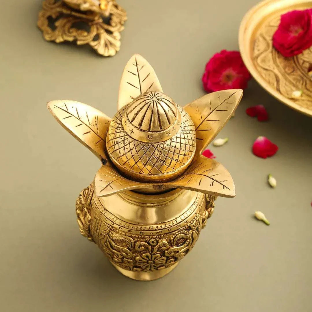 Brass Kalash With Ganesh And Lakshmi Carving (7 Inch) Vedansh Craft