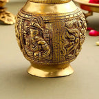 Brass Kalash With Ganesh And Lakshmi Carving (7 Inch) Vedansh Craft