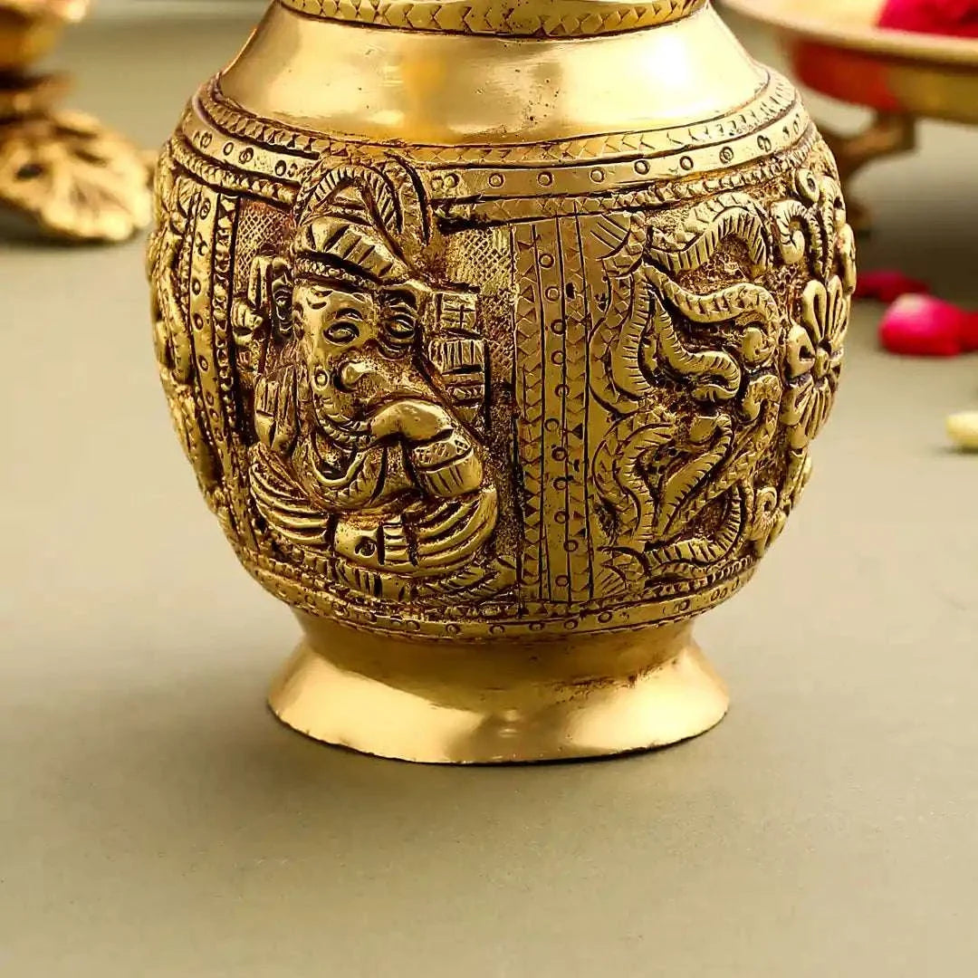 Brass Kalash With Ganesh And Lakshmi Carving (7 Inch) Vedansh Craft