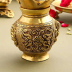 Brass Kalash With Ganesh And Lakshmi Carving (7 Inch) Vedansh Craft