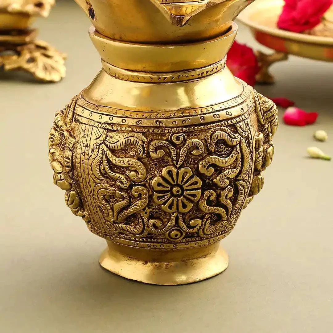 Brass Kalash With Ganesh And Lakshmi Carving (7 Inch) Vedansh Craft