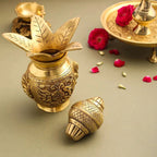 Brass Kalash With Ganesh And Lakshmi Carving (7 Inch) Vedansh Craft