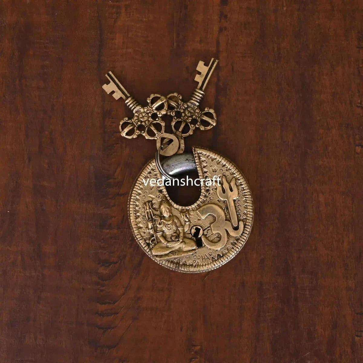 Brass Shiva Om Round Door Lock With Three Keys (3 Inch) Vedansh Craft