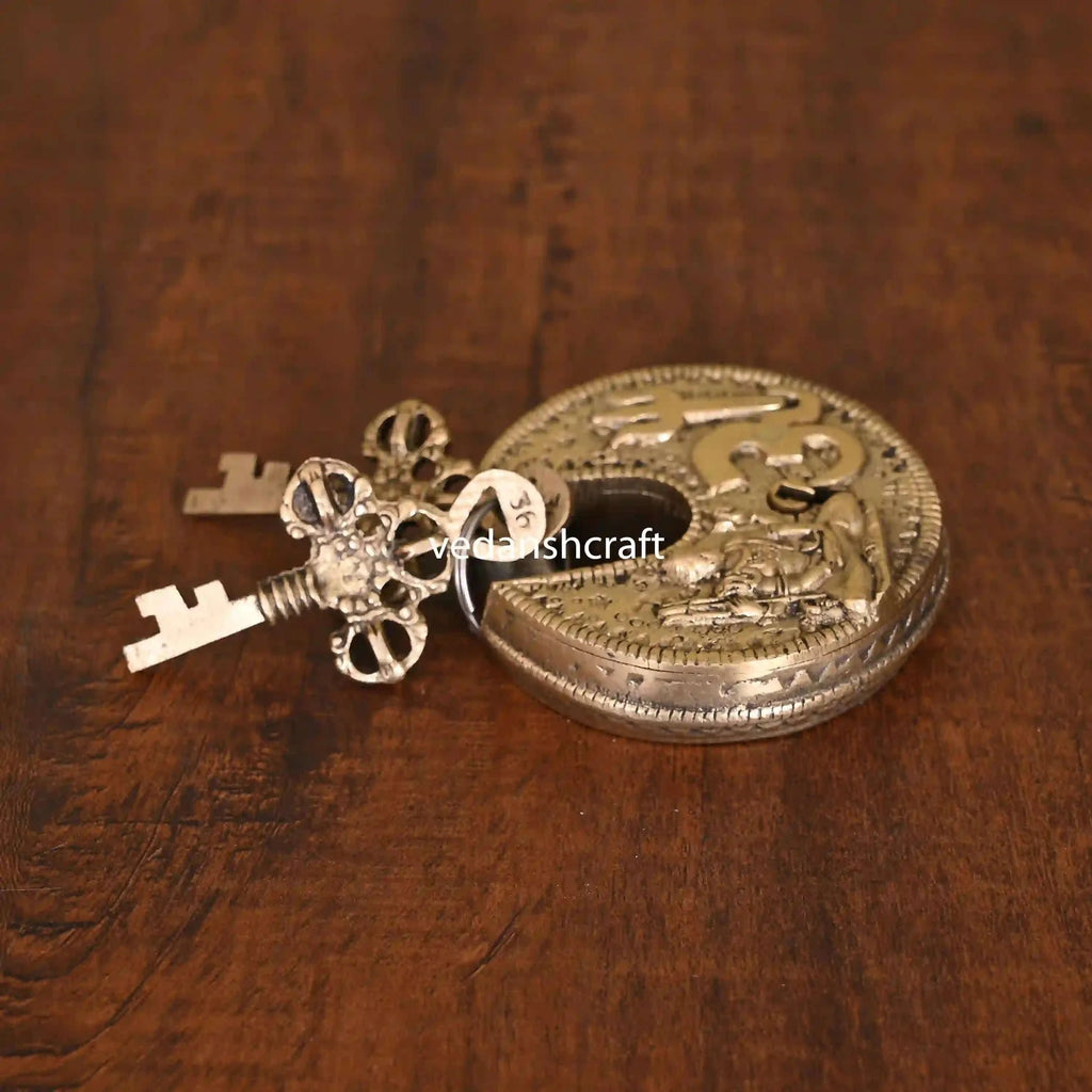 Brass Shiva Om Round Door Lock With Three Keys (3 Inch) Vedansh Craft