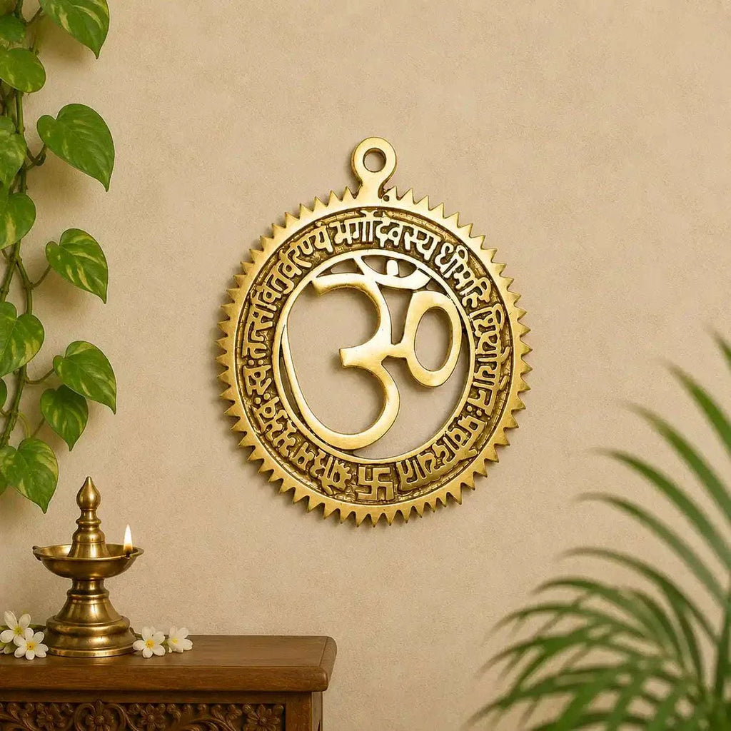 Brass Om Wall Hanging With Gayatri Mantra (6 Inch) Vedansh Craft