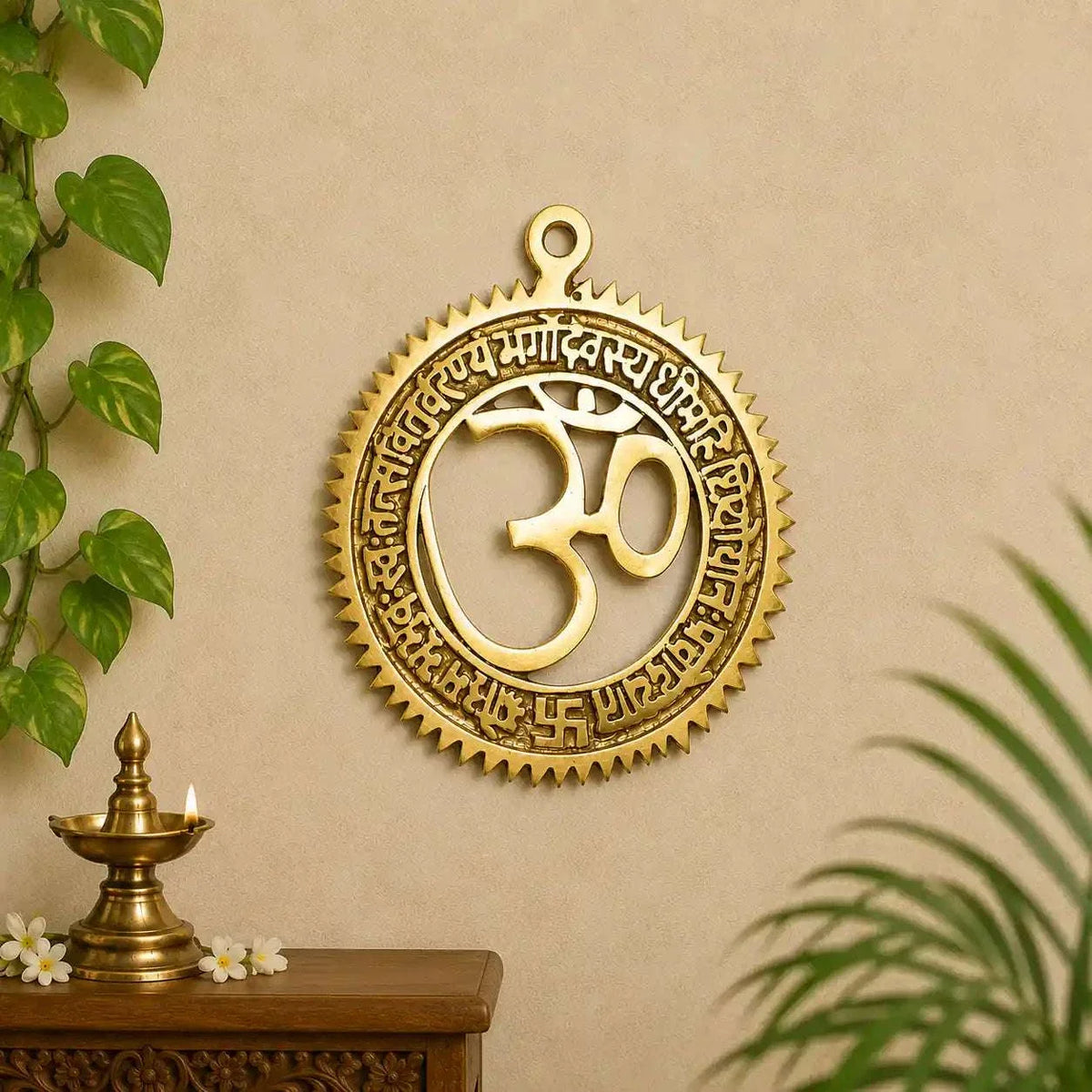 Brass Om Wall Hanging With Gayatri Mantra (6 Inch) Vedansh Craft