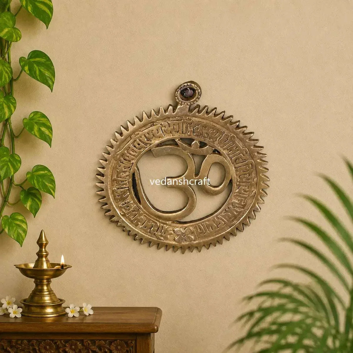 Brass Om Wall Hanging With Gayatri Mantra (6 Inch) Vedansh Craft